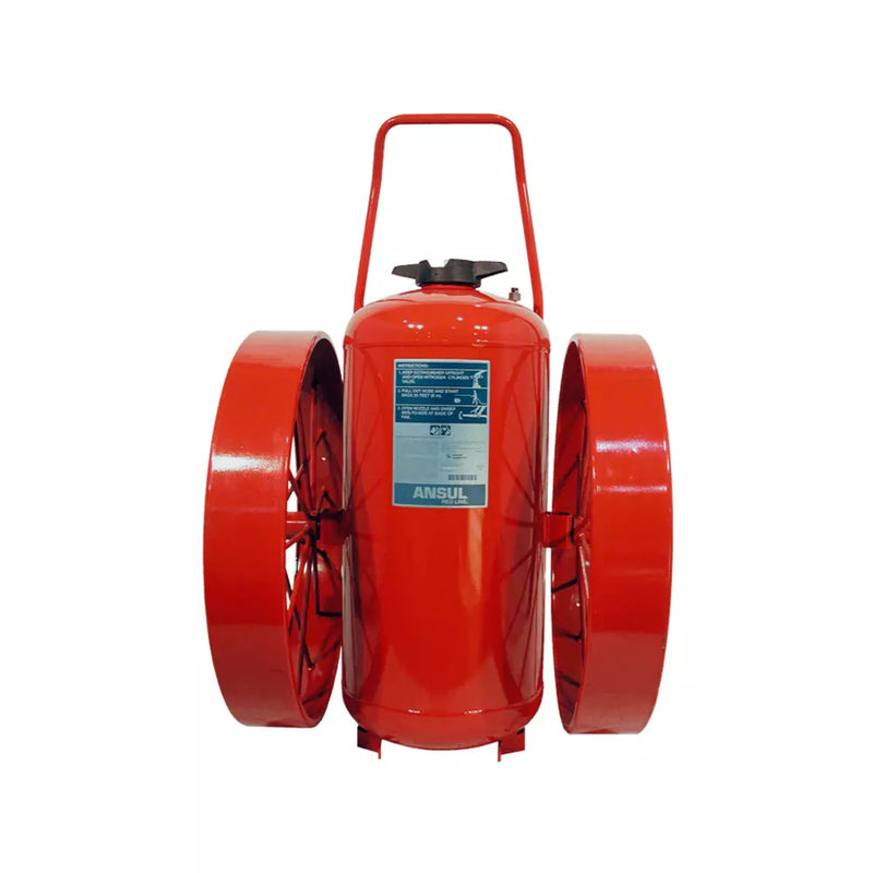 A wheeled fire extinguisher.
