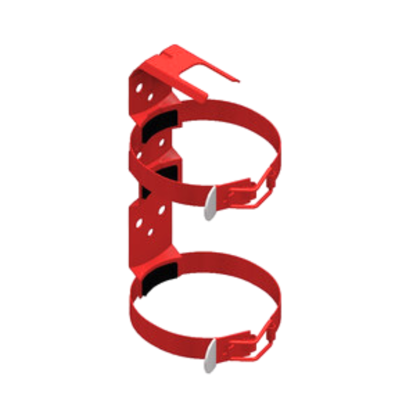 An image of a red fire extinguisher bracket. 