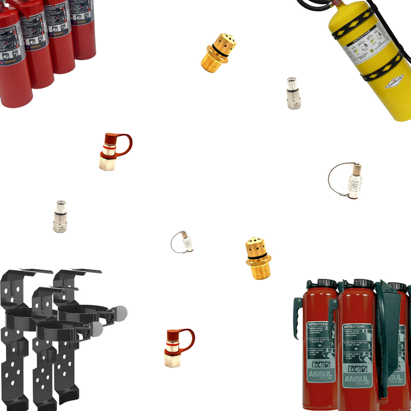 An image of several different fire extinguisher safety products. 
