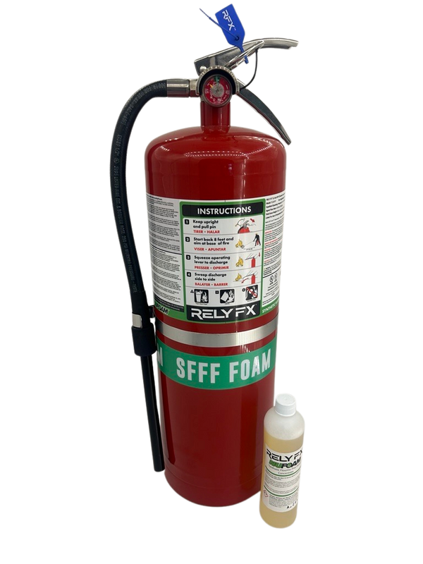 Pro Fire and Safety Rely FX 2.5-gallon synthetic fluorine-free foam fire extinguisher, showing its red body and nozzle.