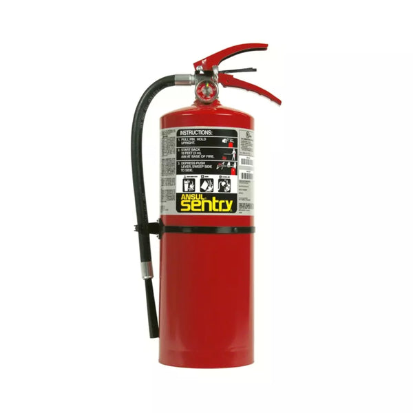 Ansul Sentry AA10S 10LB ABC dry chemical fire extinguisher, mounted on wall in safety-ready position.