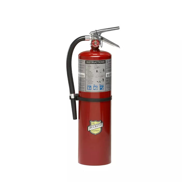 Buckeye 10LB ABC Dry Chemical Fire Extinguisher with pressure gauge and safety pin for fire safety and emergency use.
